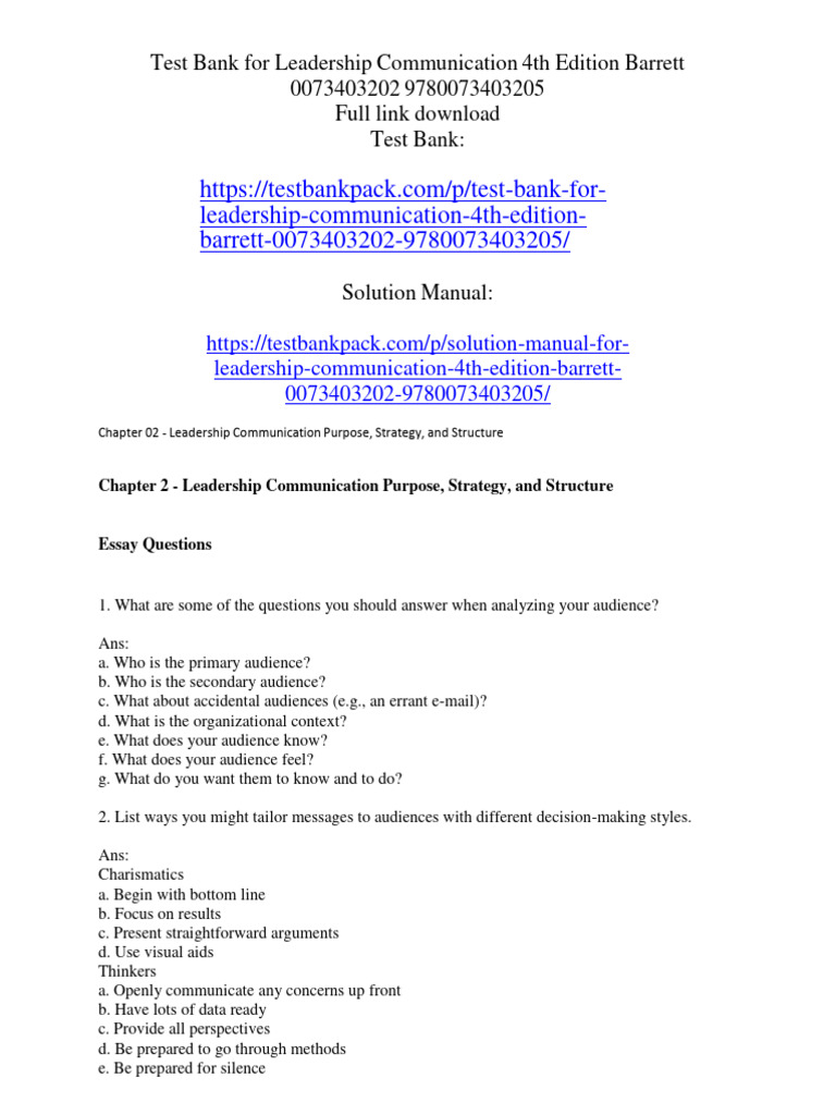 Test Bank For Leadership Communication 4th Edition Barrett 0073403202 ...
