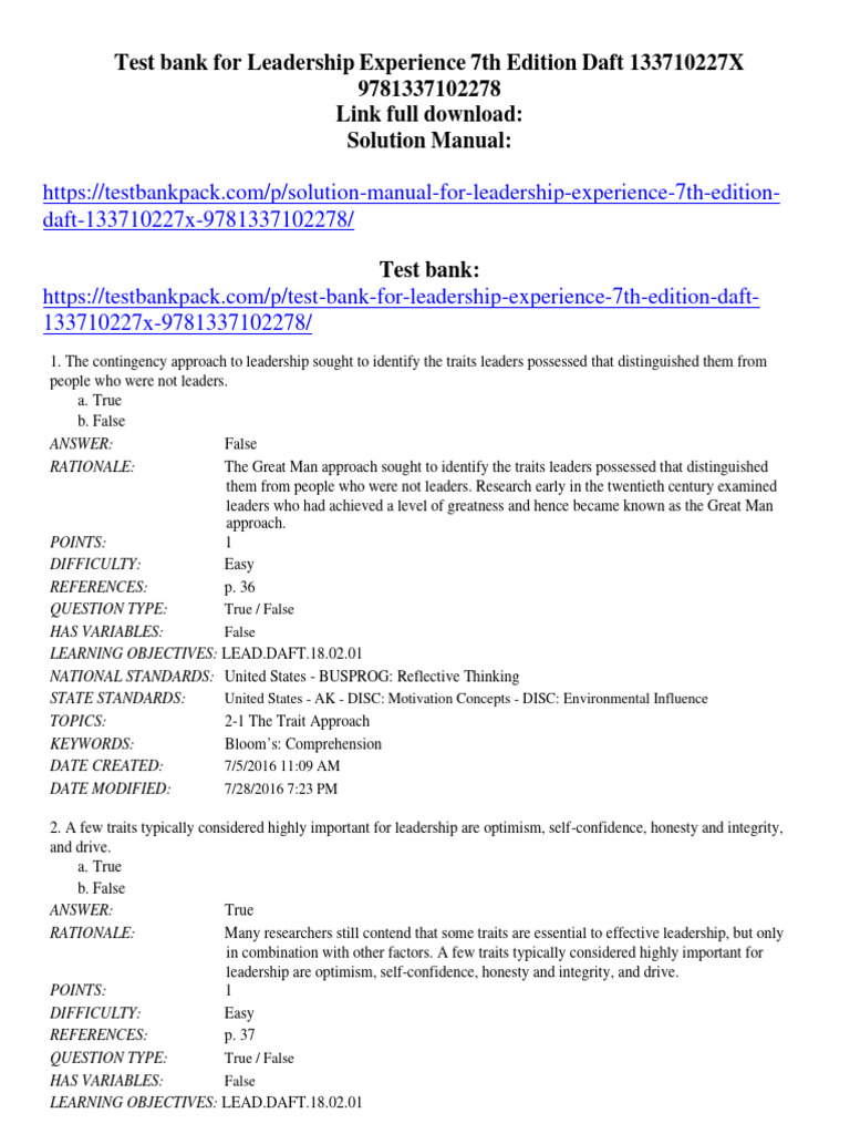 Test Bank For Leadership Experience 7th Edition Daft 133710227X ...