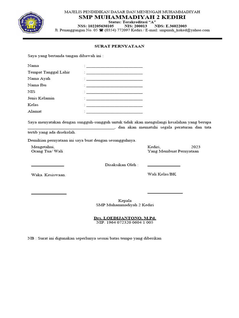 Surat Pernyataan Siswa | PDF