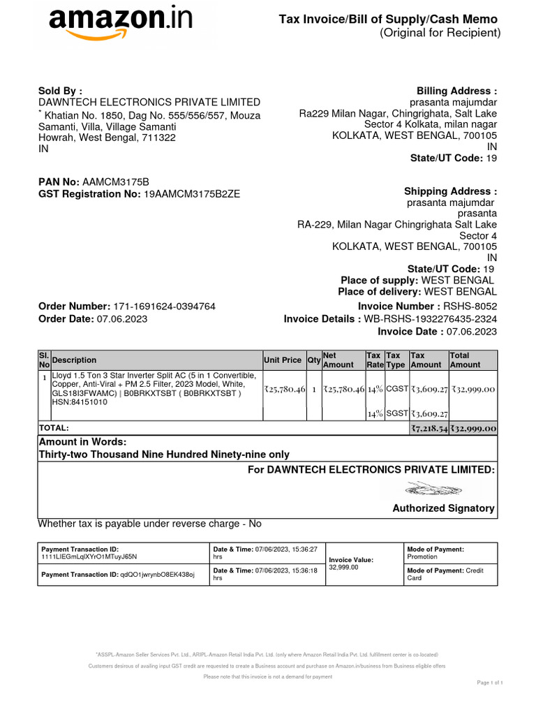 Lloyd AC Invoice from Dawntech Electronics | PDF