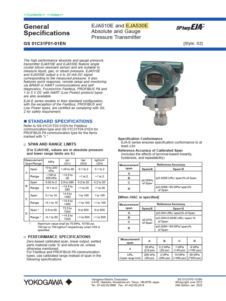 Yokogawa EJA530E Pressure TX Datasheet PDF Power Supply