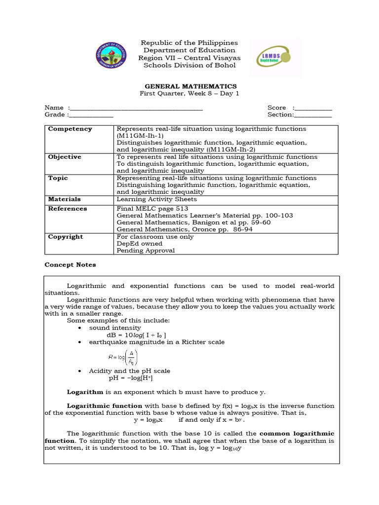 General Mathematics Q1 LAS Wk8 | PDF | Logarithm | Function (Mathematics)