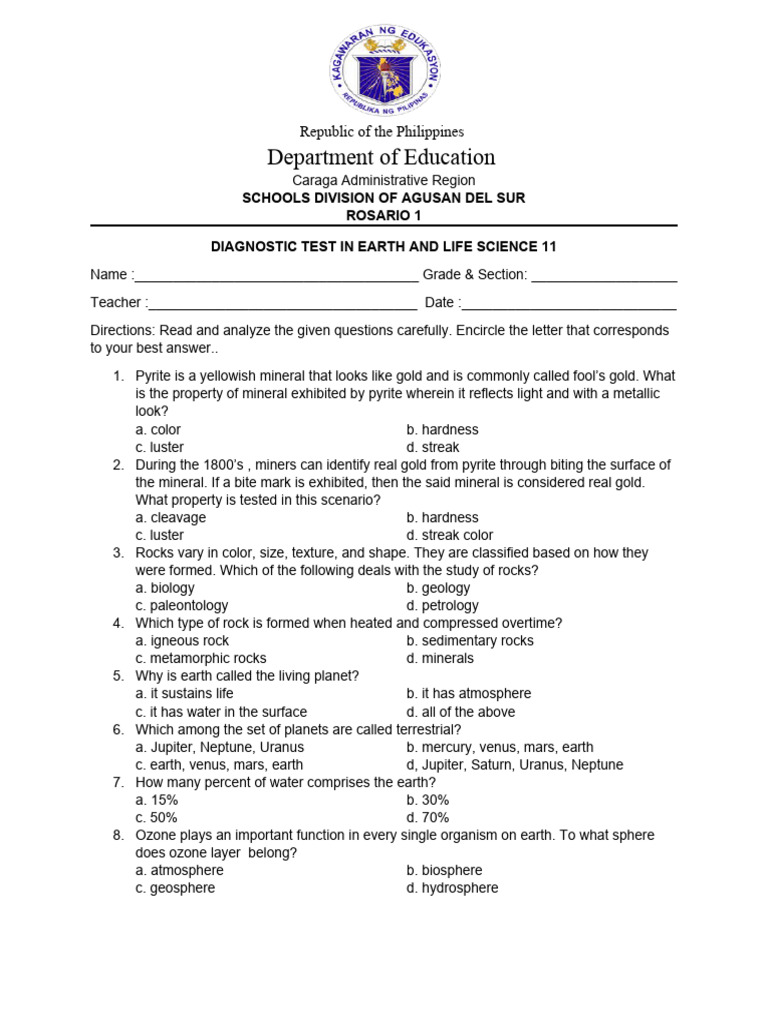 Diagnostic Test Earth and Life Science 11 PDF