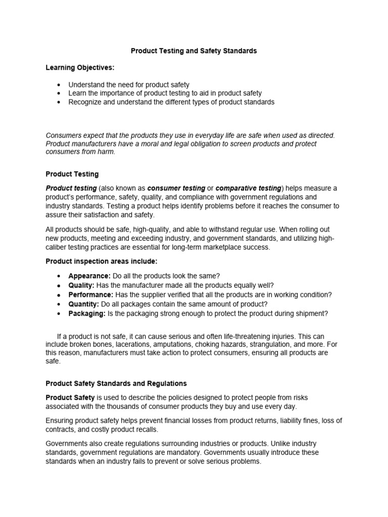Product Testing and Safety Standards PDF