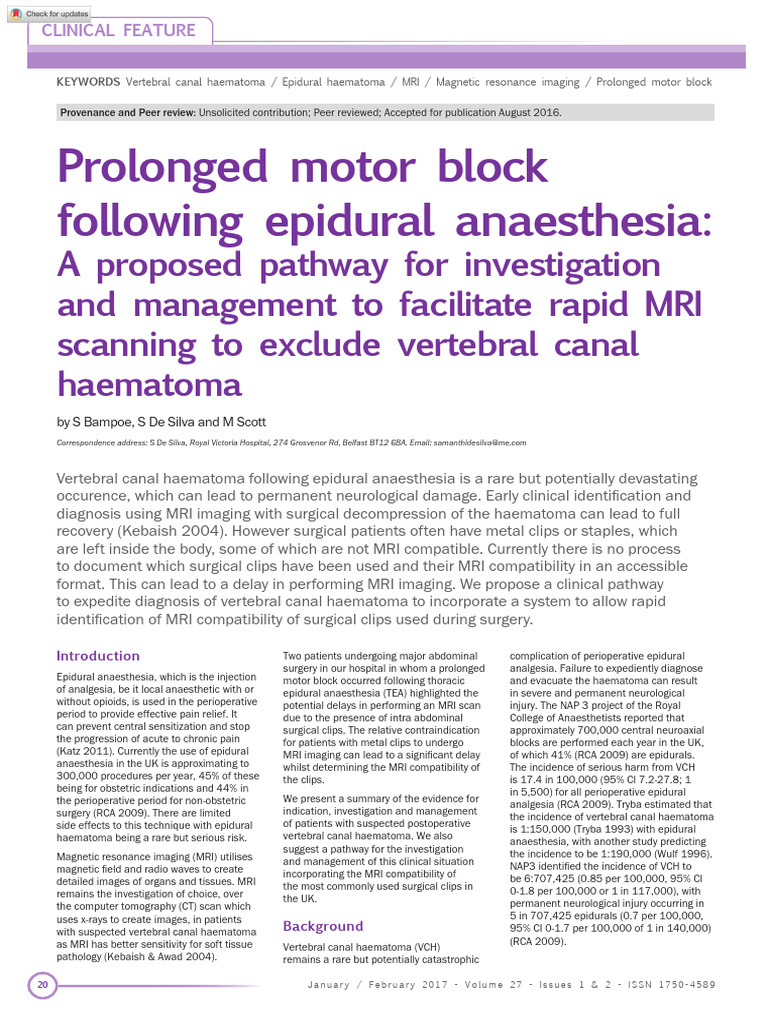 Bampoe Et Al 2017 Prolonged Motor Block Following Epidural Anaesthesia ...