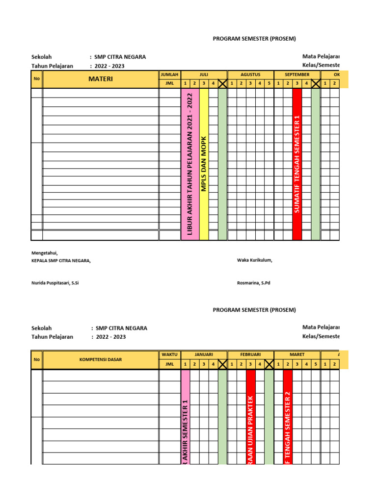 Program Semester SMP Citra Negara 2022-2023 | PDF