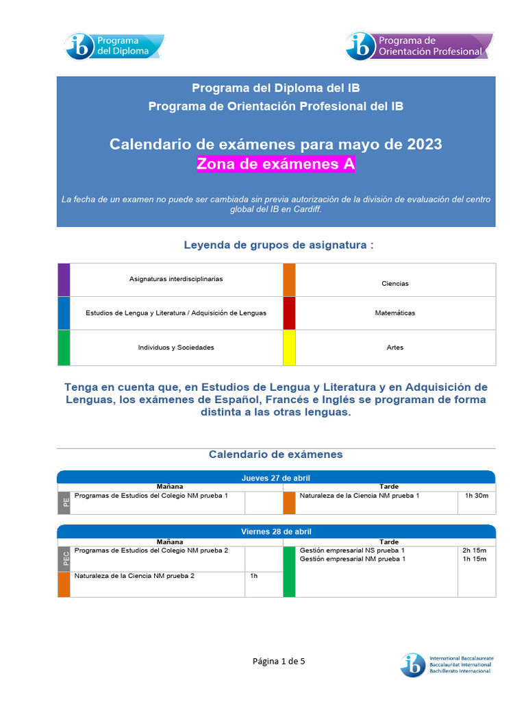 May 2023 Examination Schedule Exam Zone A Es | PDF
