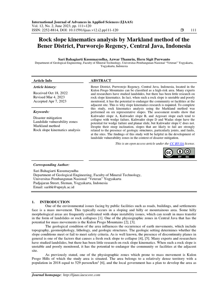 Rock Slope Kinematics Analysis by Markland Method of The Bener District ...