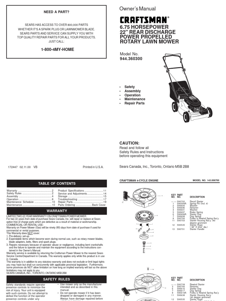 Sears Craftsman Repair Parts Manual Model No. 944.360300 944-360300 ...