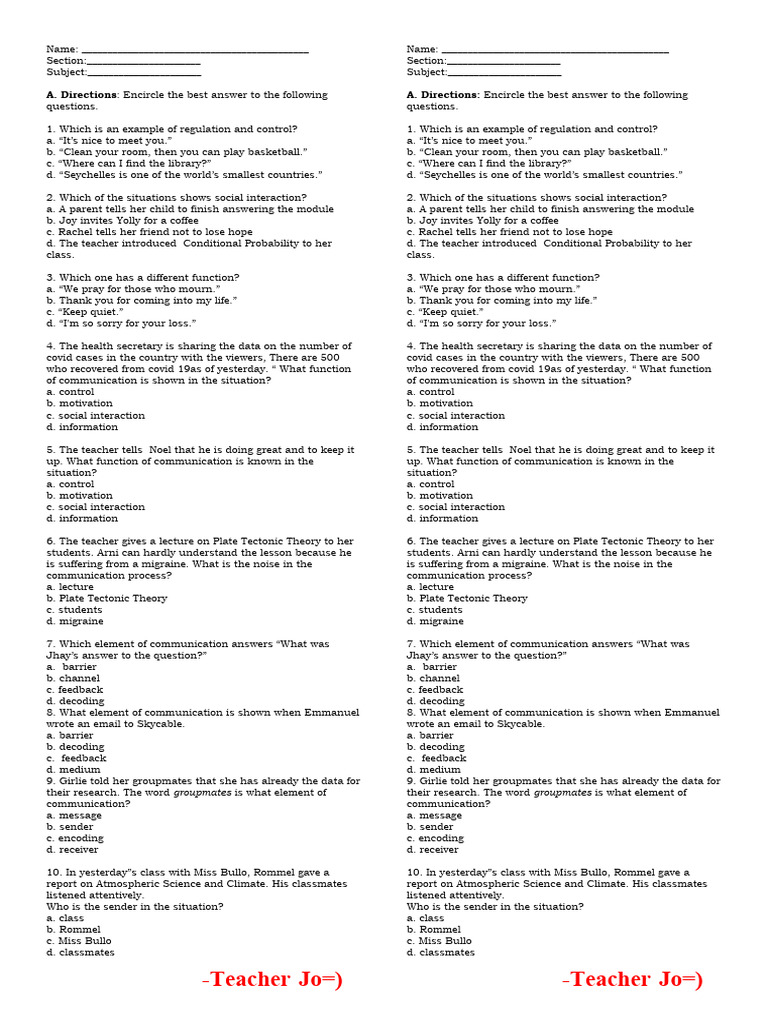 Functions of Communication Quiz 1 PDF