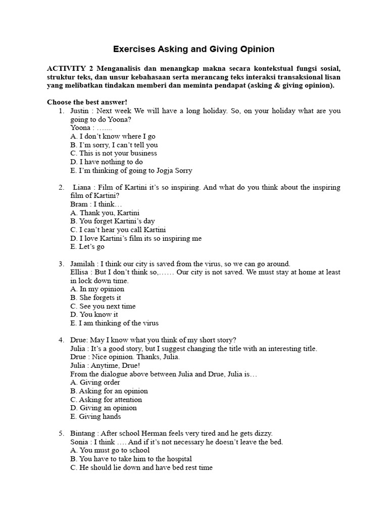 Exercises asking and giving opinion theory pdf