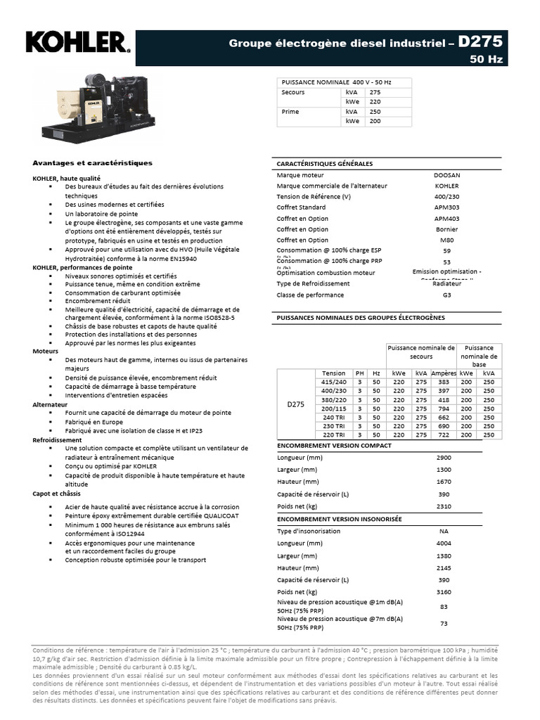 Groupe électrogène diesel D275 50 Hz | PDF