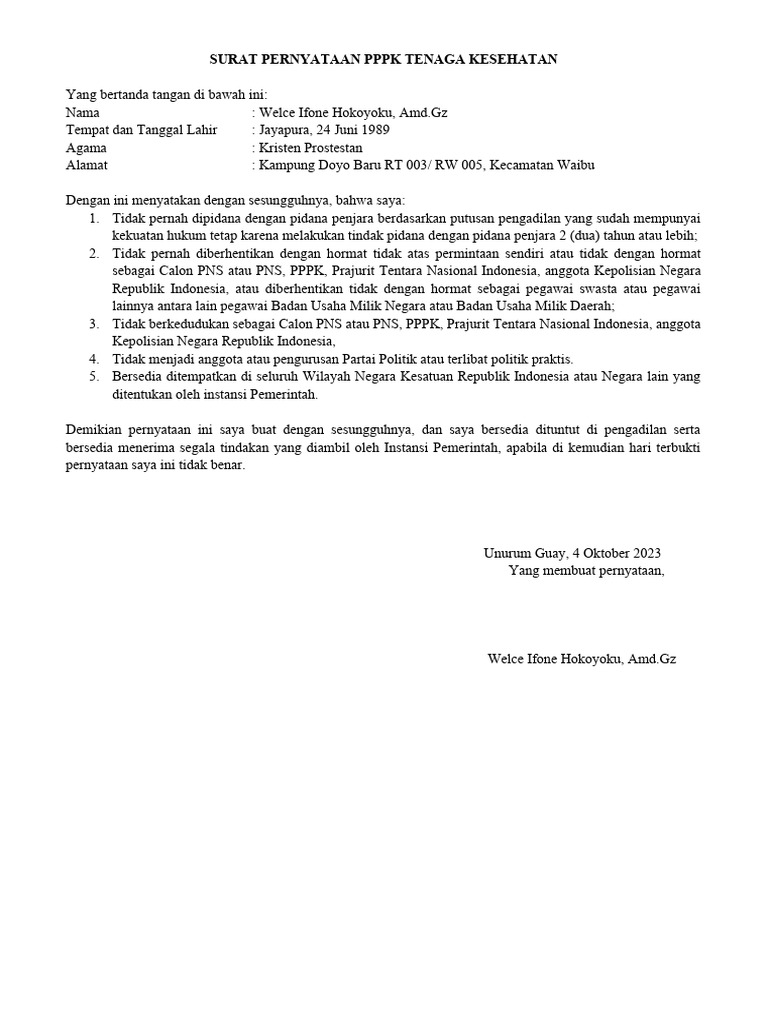 SURAT PERNYATAAN P3K 2023 Ifone | PDF