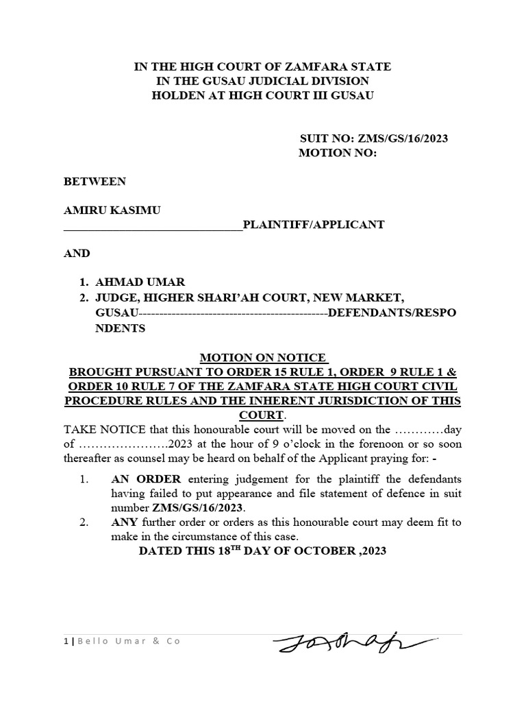 Motion For Judgement On Default of Appearance PDF