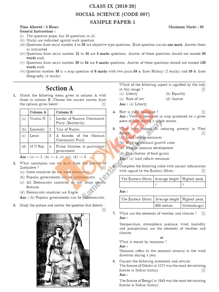 CBSE Class 9 SST Sample Paper 1 | PDF