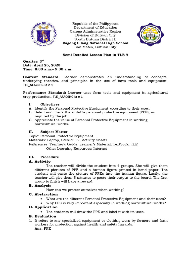 Semi-Detailed TLE Lesson Plan on PPE | PDF | Career & Growth | Science ...