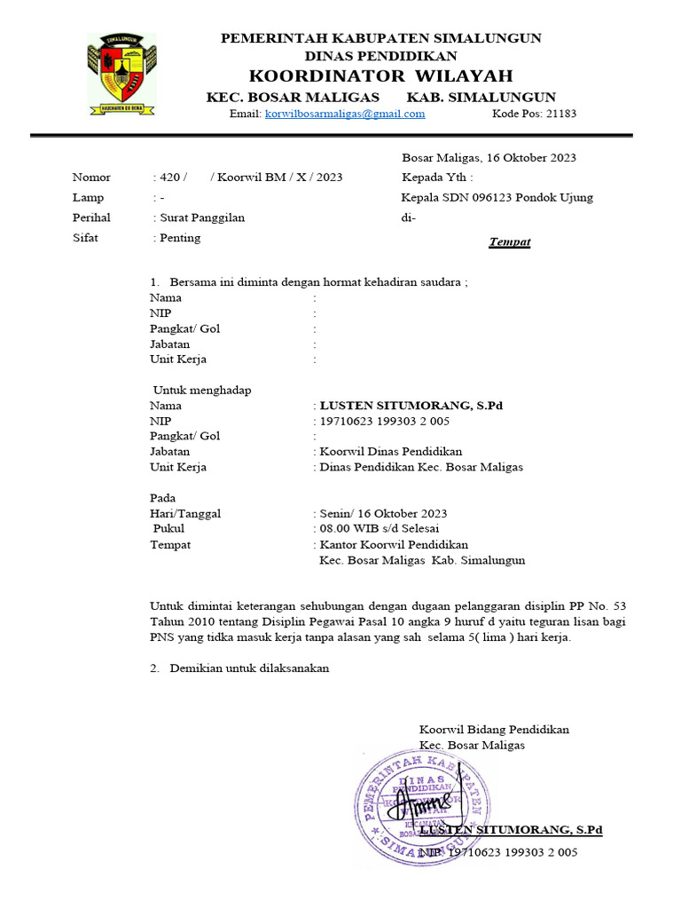Surat Panggilan Disiplin PNS | PDF