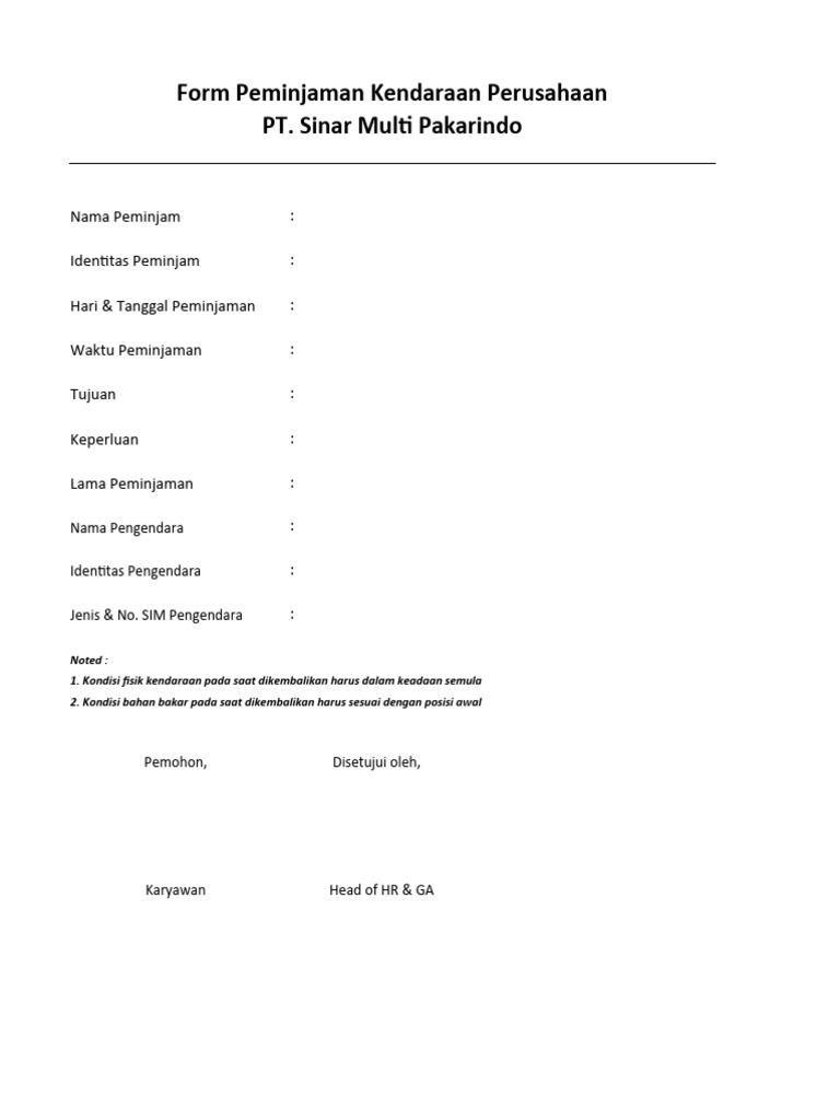Form Peminjaman Mobil Pdf