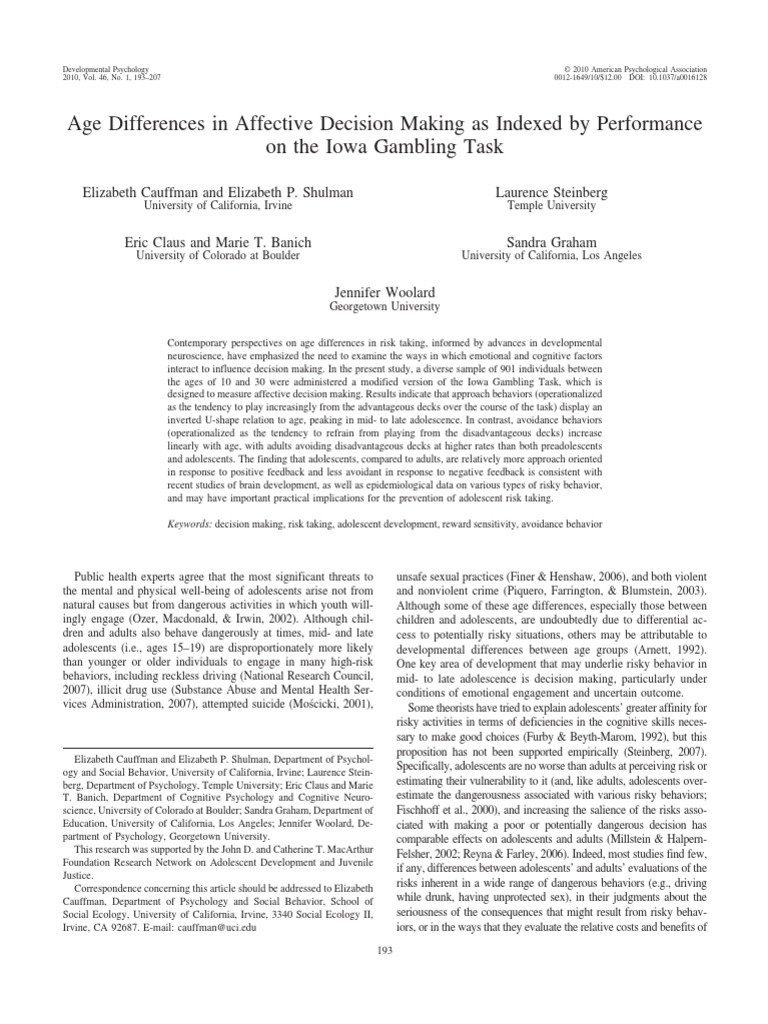 Age Differences in Affective Decision Making As Indexed by Performance ...