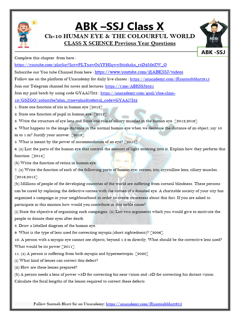 Human Eye and The Colourful World Previous Year Questiosn Class 10 ...