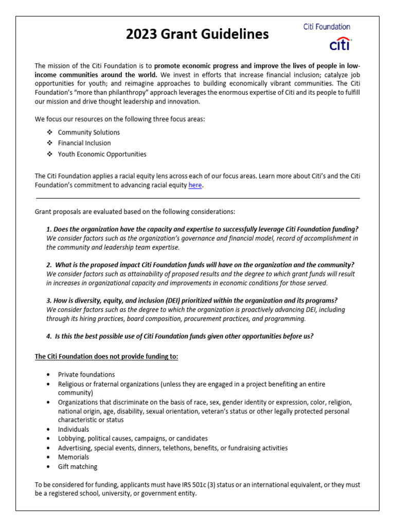 Citi Foundation Grant Guidelines PDF