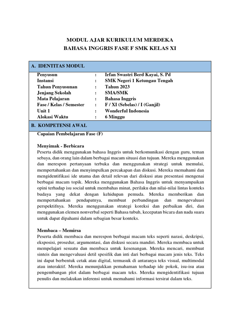 Modul Ajar Unit 1 Kls XI | PDF