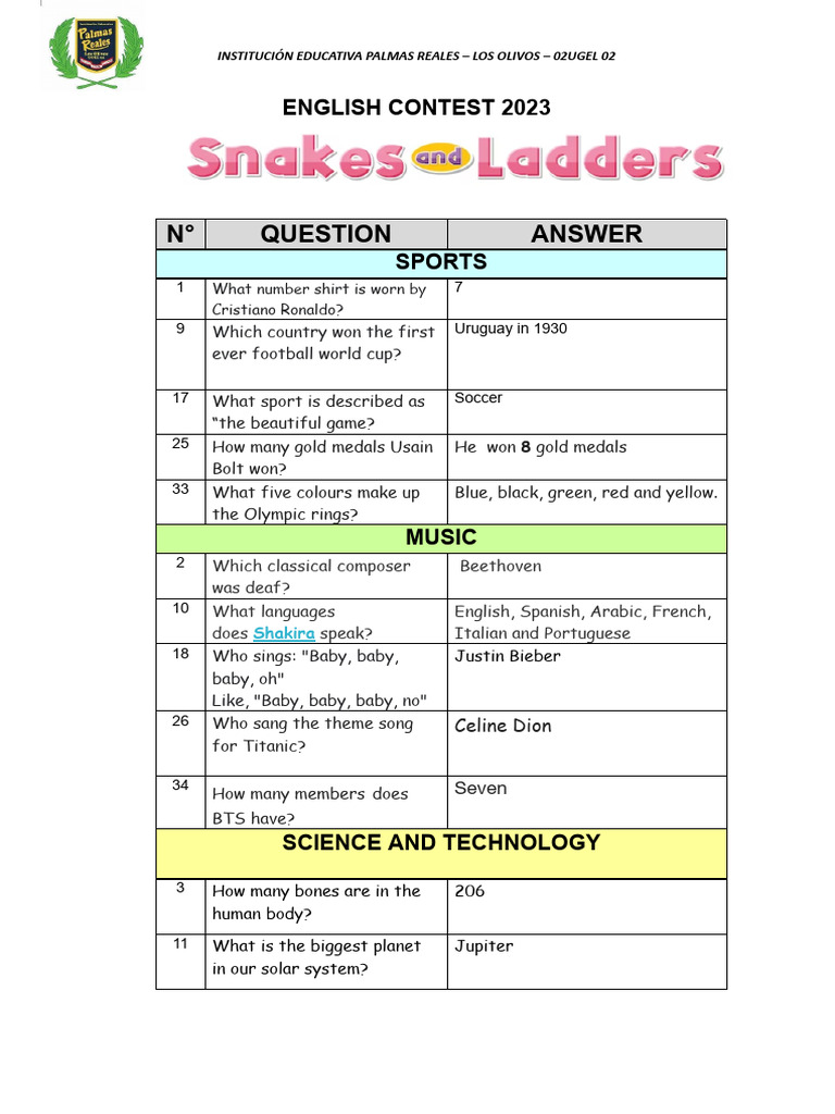 Snakes and Ladders Questions 2023 PDF