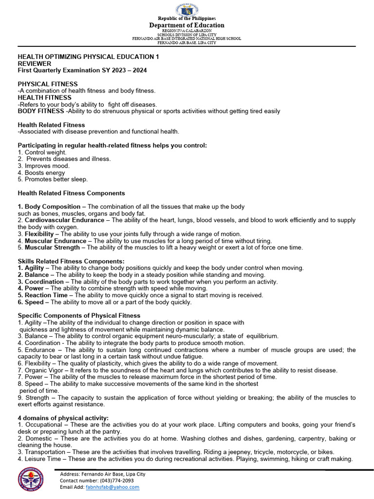 Hope 1 Reviewer for Grade 11 PE Exam | PDF