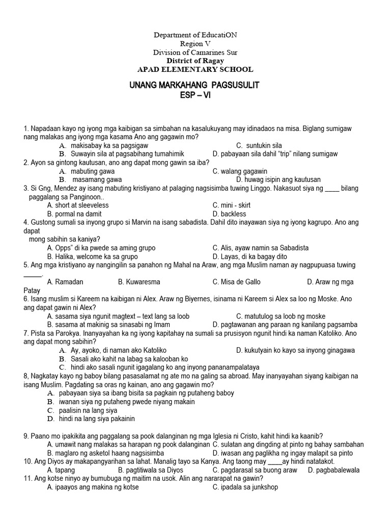 Unang Markahang Pagsusulit Esp - Vi: District of Ragay Apad Elementary ...