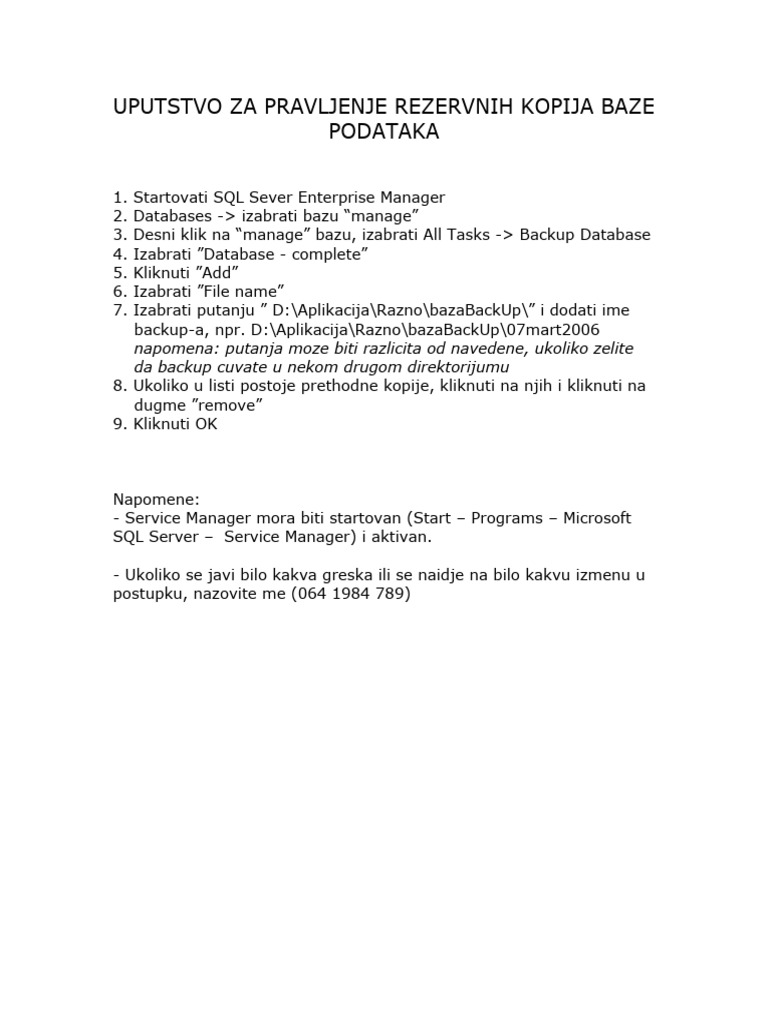 Uputstvo za pravljenje rezervnih kopija baze podataka pdf