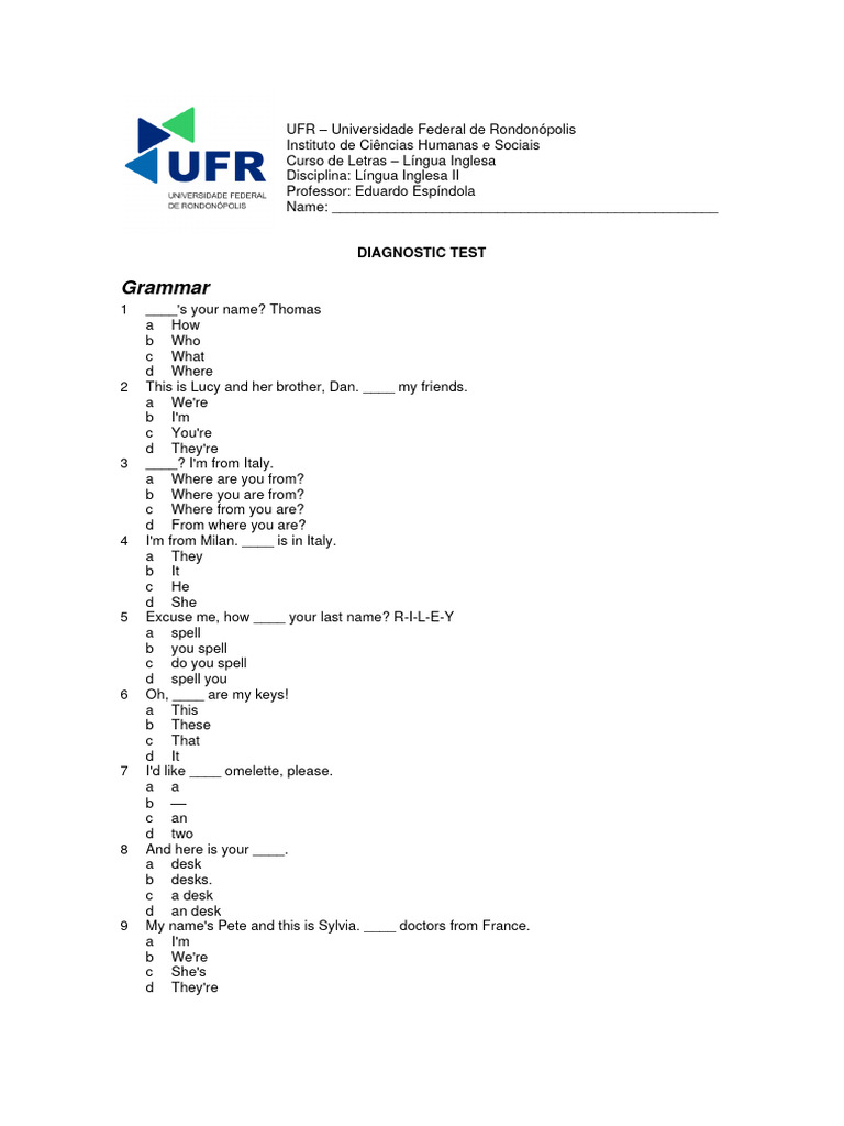Aula 1 Diagnostic Test Pdf