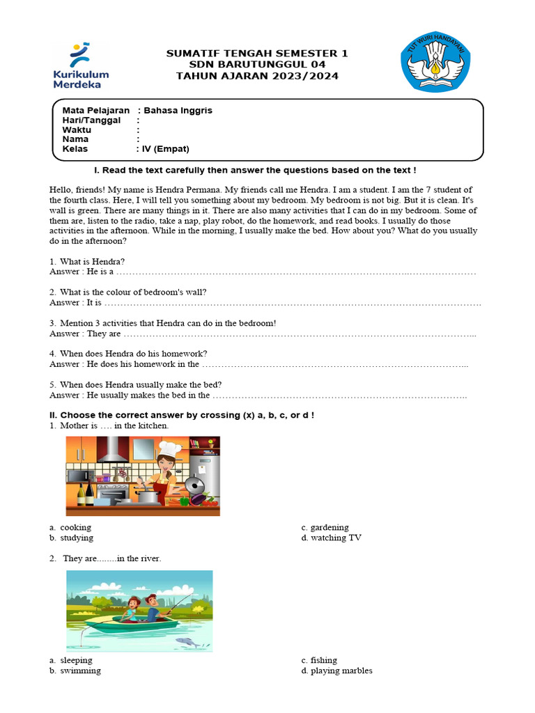 Soal bahasa inggris kelas 4 semester 1 kurikulum merdeka