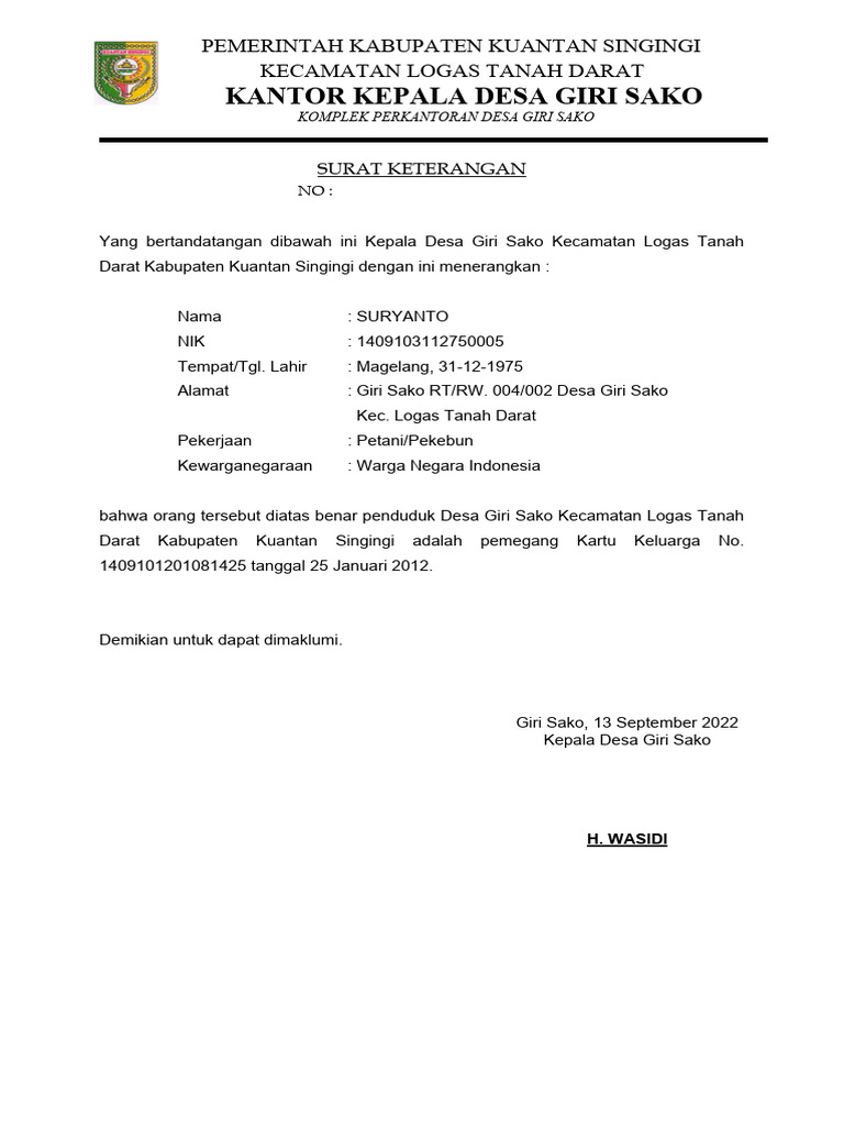 Surat Keterangan Desa Giri Sako Suryanto | PDF