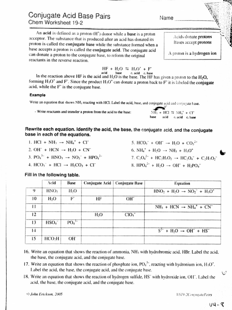 Conjugate Acid Base Pairs Worksheet PDF