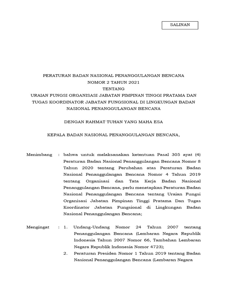Peraturan BNPB Nomor 2 Tahun 2021 | PDF