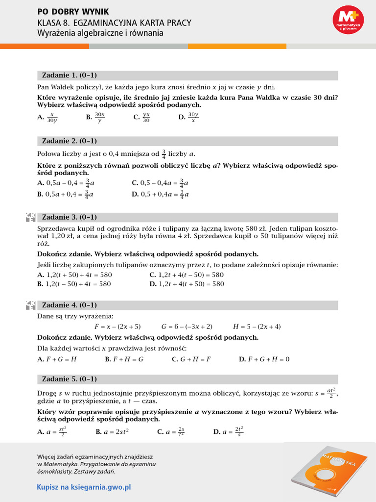 Matematyka Klasa 8 Wyrażenia Algebraiczne I Równania Po Dobry Wynik - Klasa 8 - Wyrazenia Algebraiczne I Rownania - Zadania