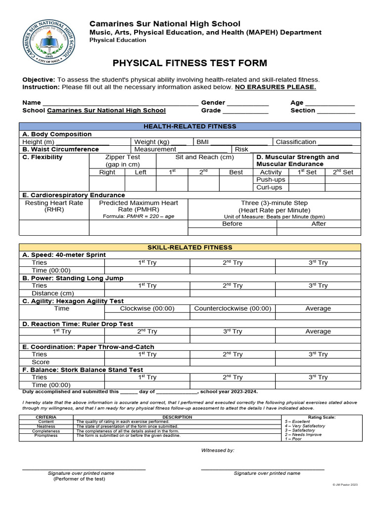 Physical Fitness Test Form