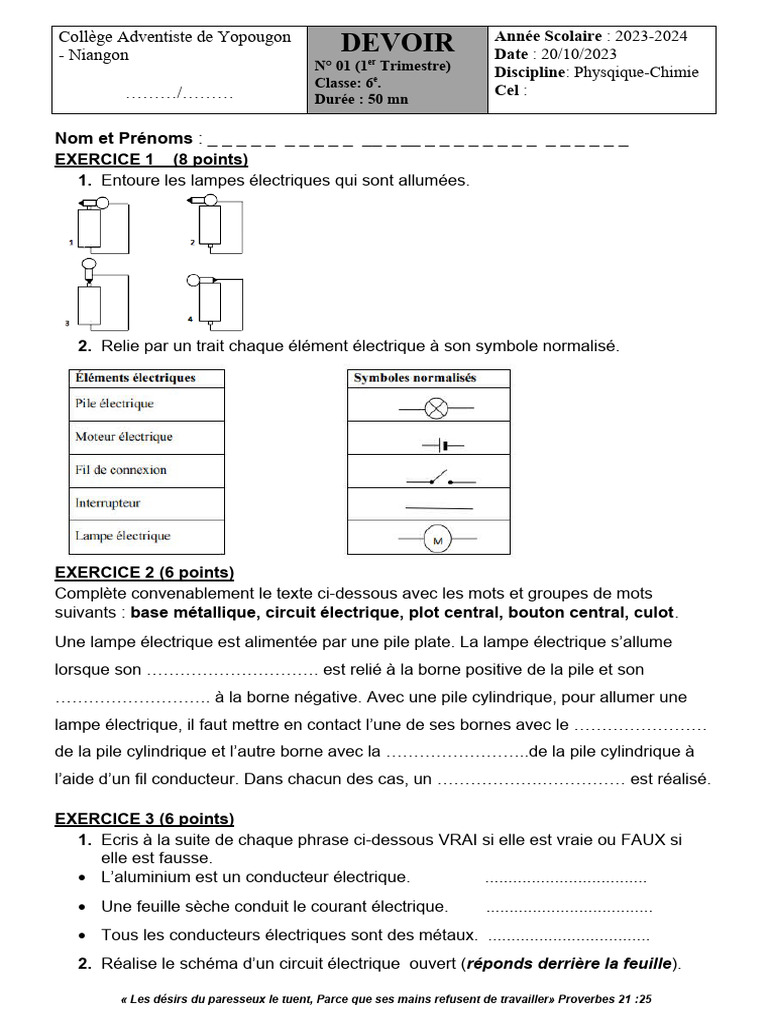 Devoir de Physique-Chimie 6e - Trimestre 1 | PDF