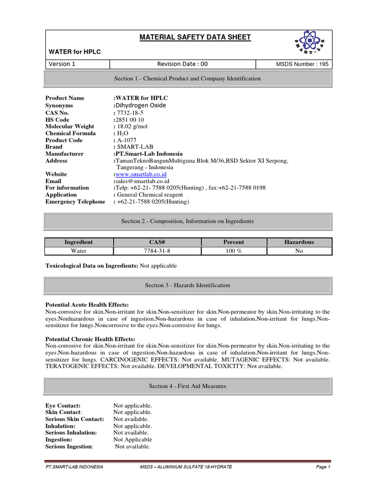Msds Water For HPLC PDF
