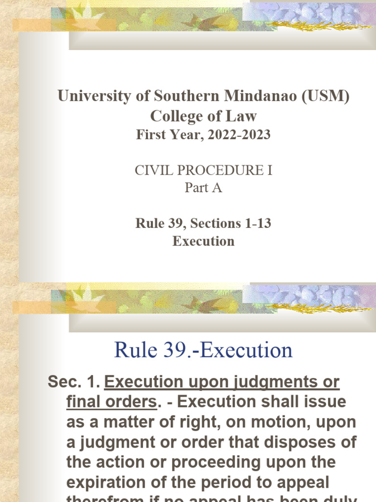 Civil Procedure I: Rule 39 Execution Guide | PDF