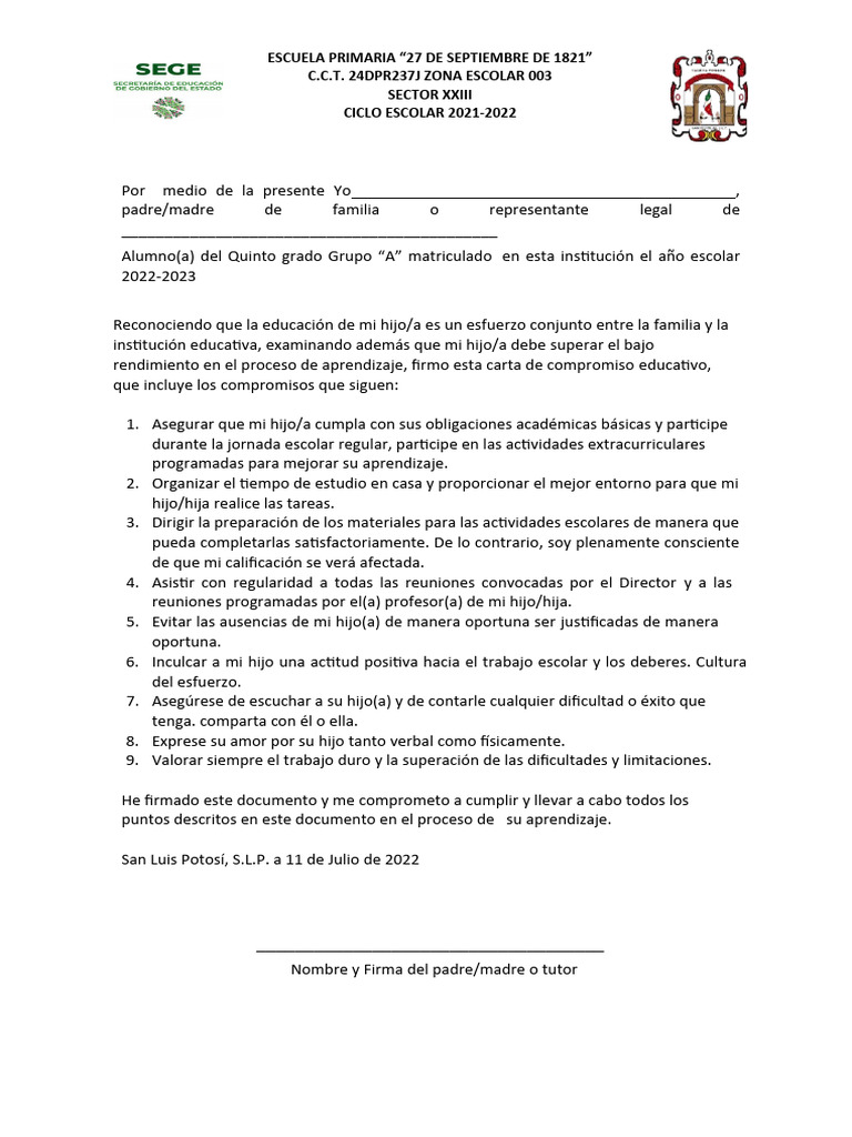 Formato de Carta de Compromiso para Padres de Familia | PDF
