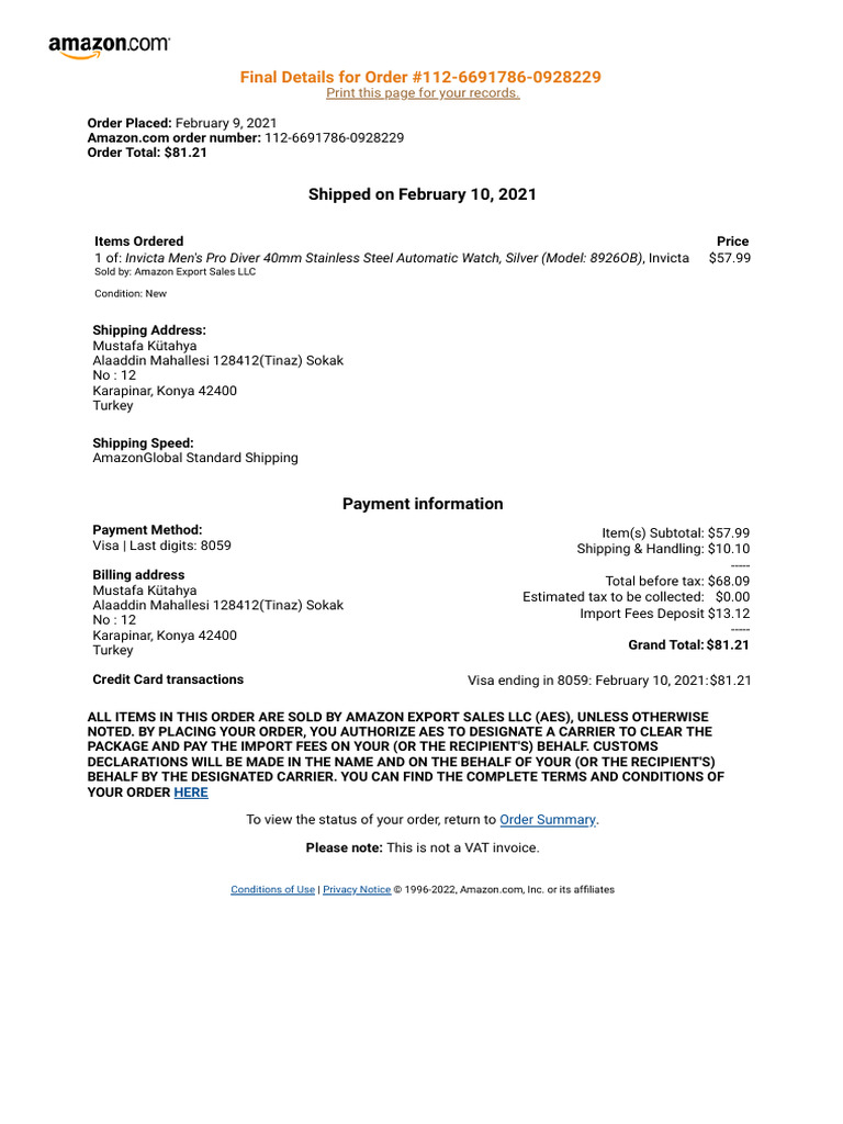 Order Confirmation from Amazon Export Sales | PDF | Visa Inc. | Payments