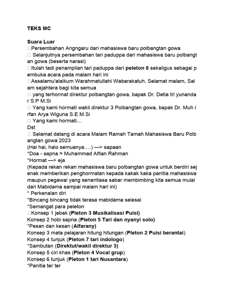 Teks MC Malam Ramah Tamah Polbangtan | PDF