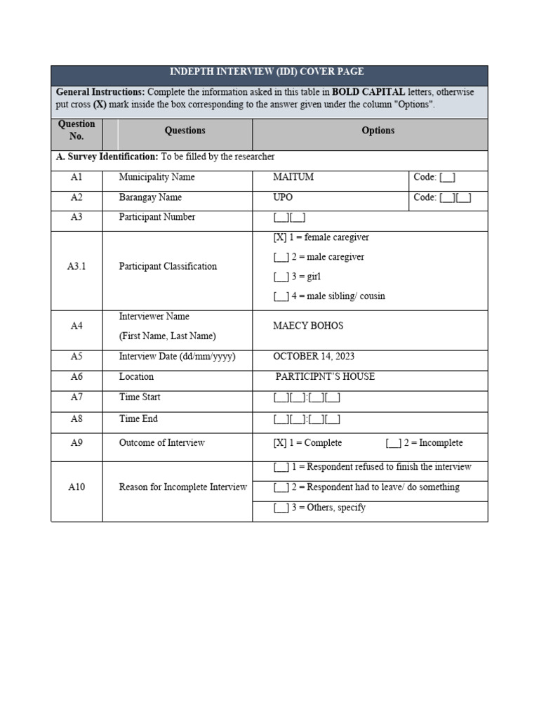 IDI Cover Page for Disability Assessment | PDF