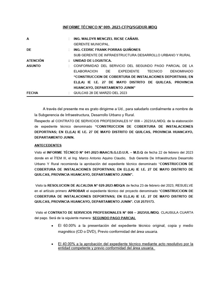 INFORME #009 CONFORMIDAD DE EXPEDIENTE 27 DE MAYO - Segundo Pago | PDF