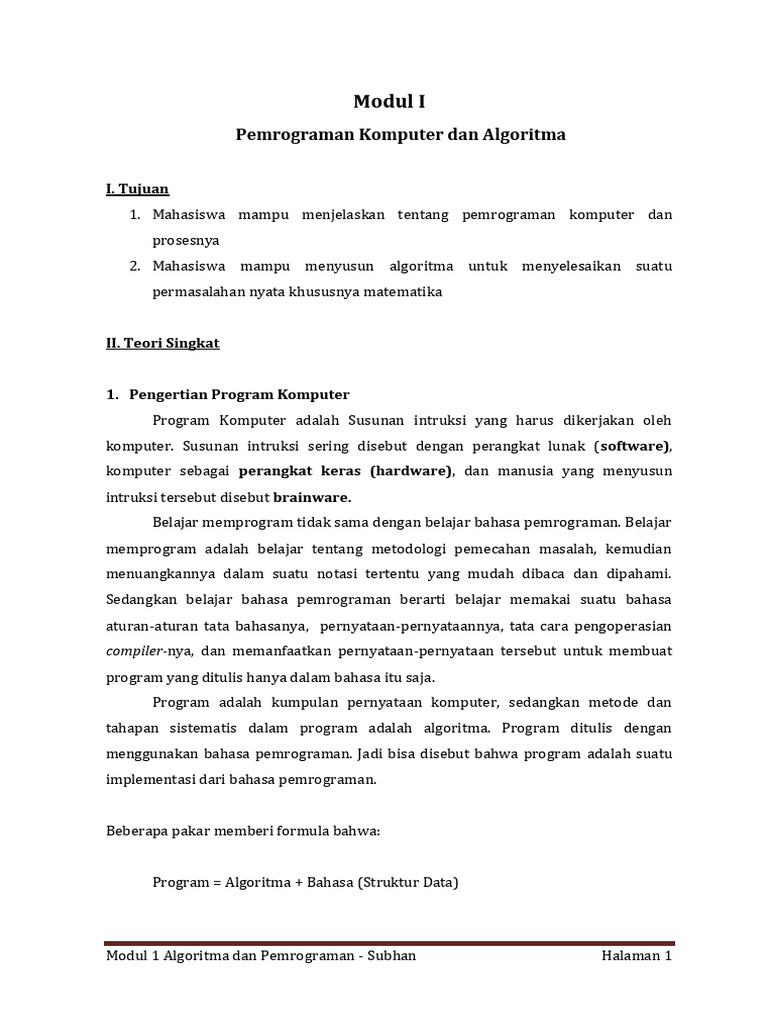 Modul 1 Program Komputer Dan Algoritma | PDF | Metode & Bahan Ajar ...