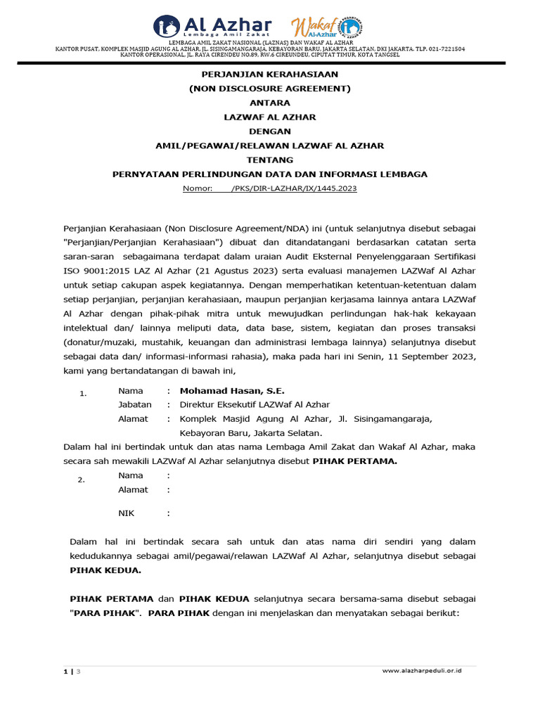 NDA Perlindungan Data LAZWaf Al Azhar | PDF