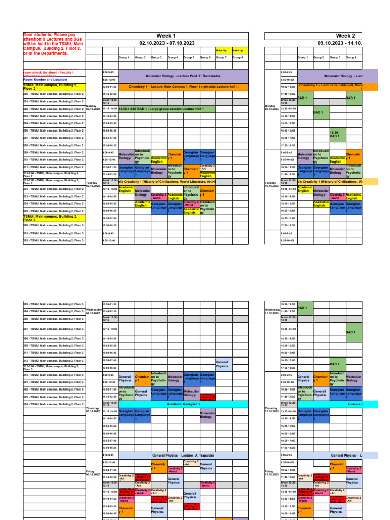 01st Semester Fall General Schedule 2023 2024 Academic Year Groups