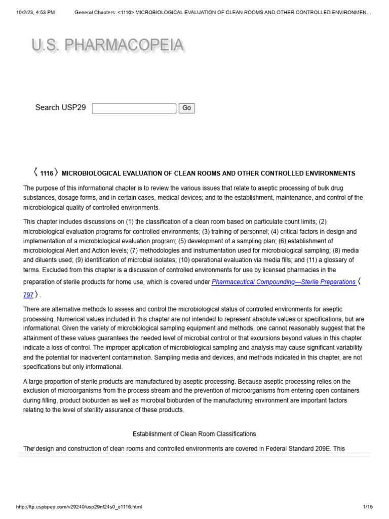General Chapters 1116 MICROBIOLOGICAL EVALUATION OF CLEAN ROOMS AND