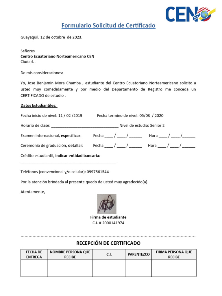 Formulario Solicitud de Certificado - Estudiante | PDF